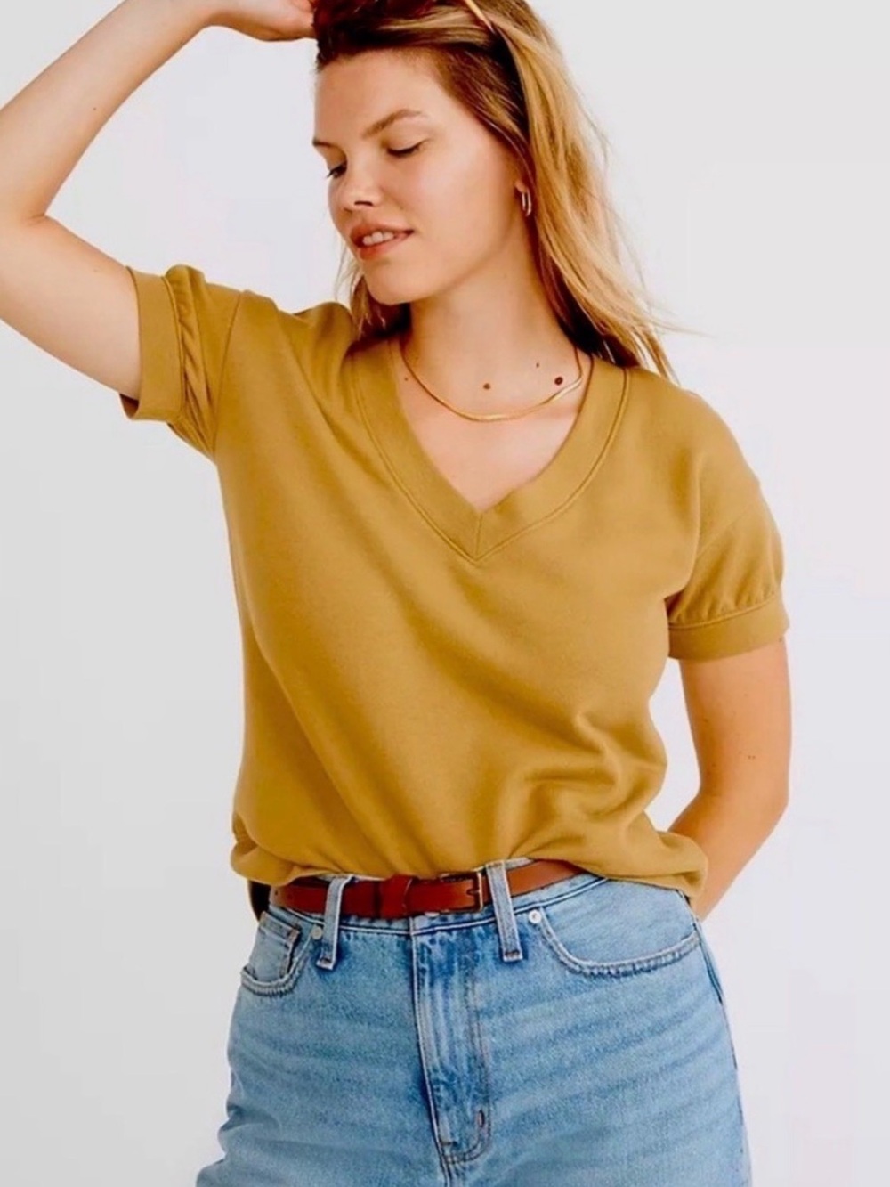 Madewell V-Neck Short Sleeve Tee in Olive Mustard size S
